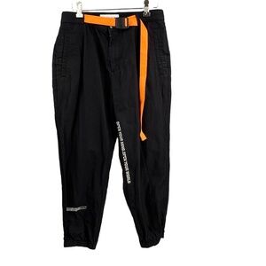 Trendiano Pants Black Jogger Orange Belt Logo Graphics Cotton Linen Large‎